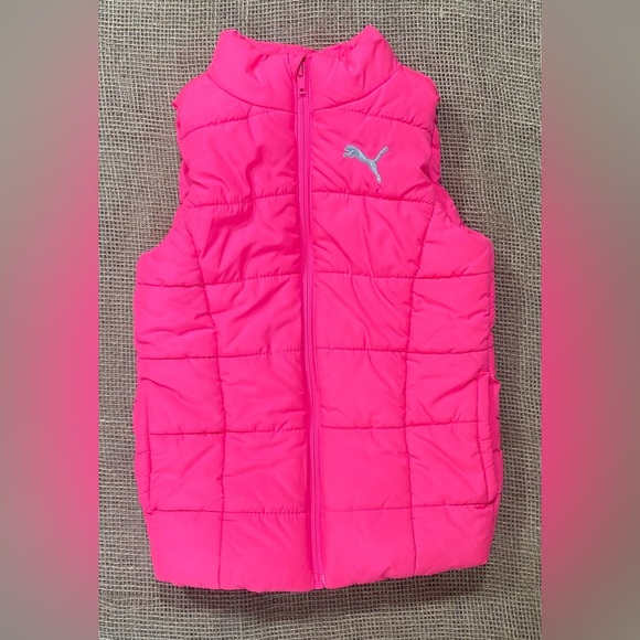 Puma Hot Pink Puffy Vest, Size XS 5/6, Zip Front, High Neck, 2 Front Pockets - Picture 1 of 6